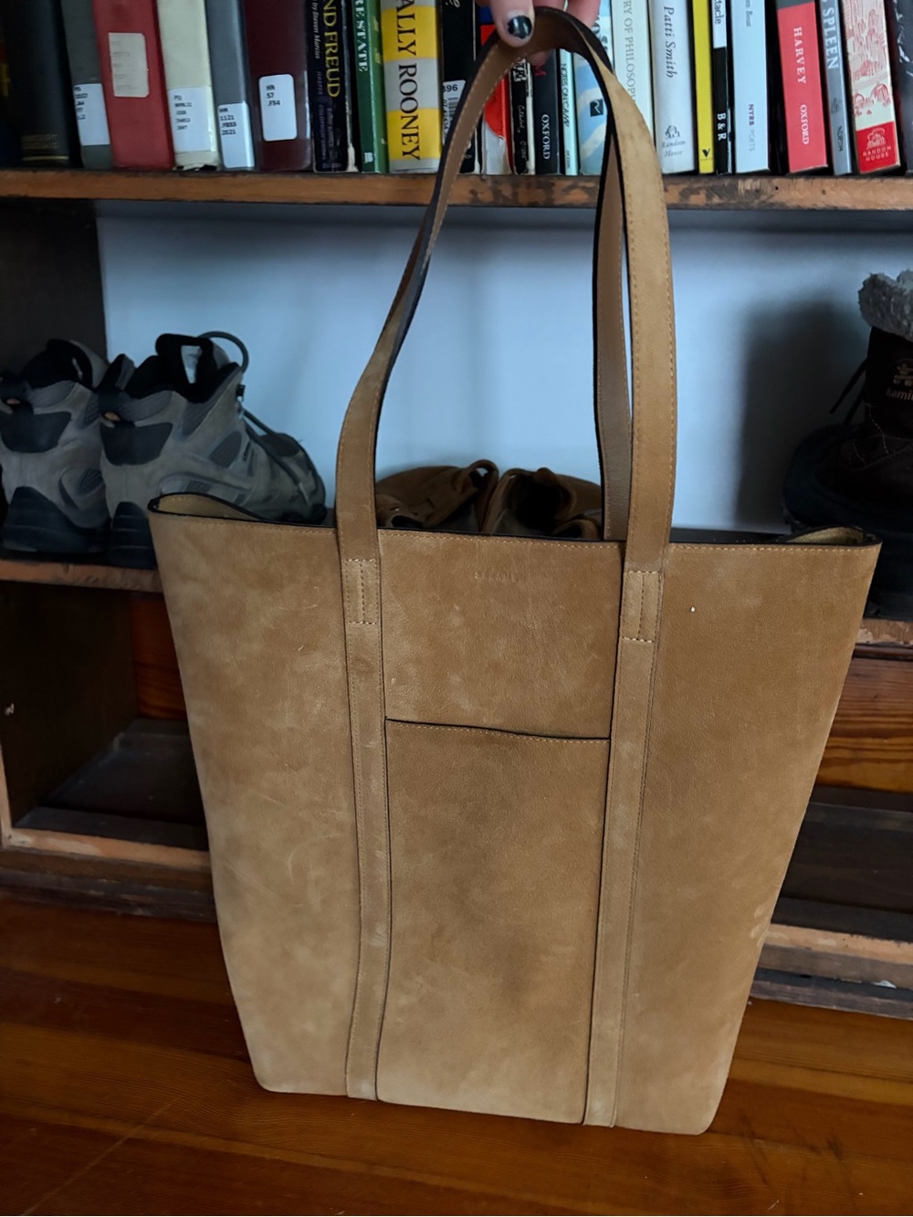 Sezane Tan Suede Tote Bag with Front Slip Pocket